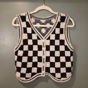 Crochet Knit Checkerboard Button Up Sweater Vest, Women's Size S, Black Ivory